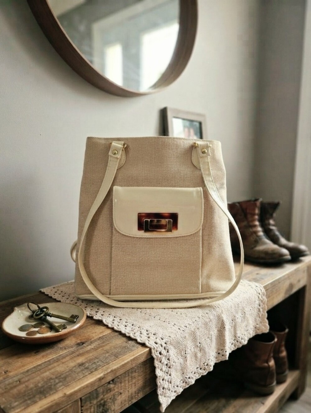 Vintage 90s Veneto Cream & Beige Canvas Shoulder Bag - Tortoiseshell Lock Accent